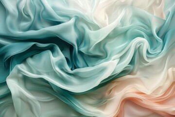 Fototapeta premium Close-up view of a teal and aquamarine ombre fabric draped in smooth, flowing curves, Soothing shades of teal and aquamarine flowing harmoniously with touches of ivory and rose