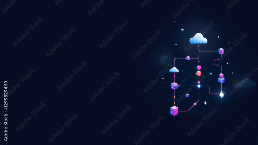 Poster modern technology graphic with interconnected cloud services and data storage elements on a digital 
