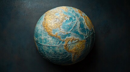 Detailed globe, artistic rendering, dark background, world map