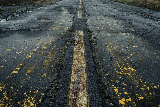 A close-up view of a weathered asphalt road with faded yellow lane markings. The road is cracked and showing signs of age, Smooth tarmac marred by faded lane markings