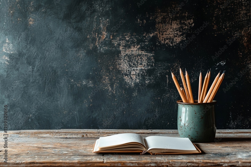 Poster concept of education and reading, featuring a collection of vibrant books on a wooden table in a cla