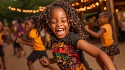 Energetic group of children dancing and laughing in bright t-shirts during a Juneteenth festival. Generative AI