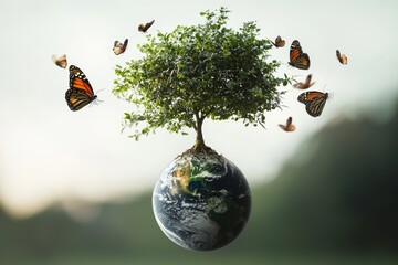 ESG concept of Environmental Social Corporate Governance is highlighted on world environment day, focusing on tree care, planting, and CSR, with a green earth resting in volunteer's hands,