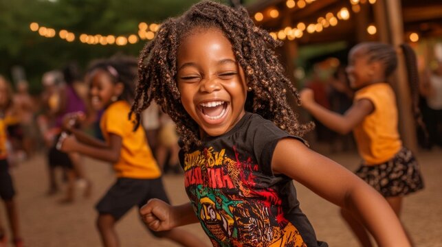 Energetic group of children dancing and laughing in bright t-shirts during a Juneteenth festival. Generative AI