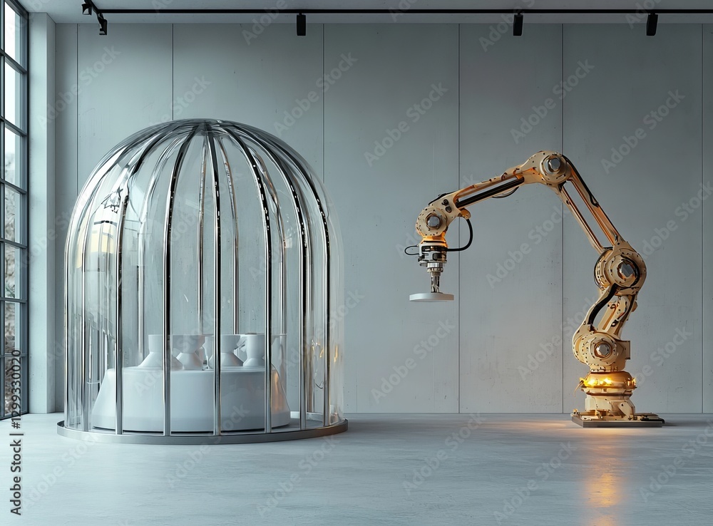 Poster image depicting clay renderings of robots integrated with cnc machines in an intelligent manufacturi