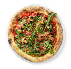 Tasty pizza with mushrooms, tomatoes and arugula isolated on white, top view