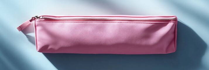 Pink pencil case isolated. Cosmetic bag on blue background with shadow. Flat lay, top view
