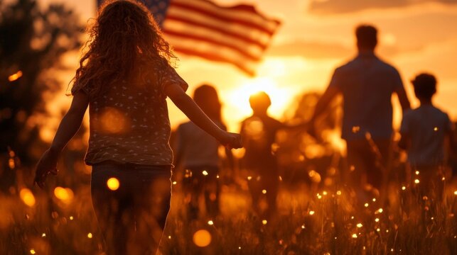 Children playing outside at sunset with American flag waving in the background. Generative AI