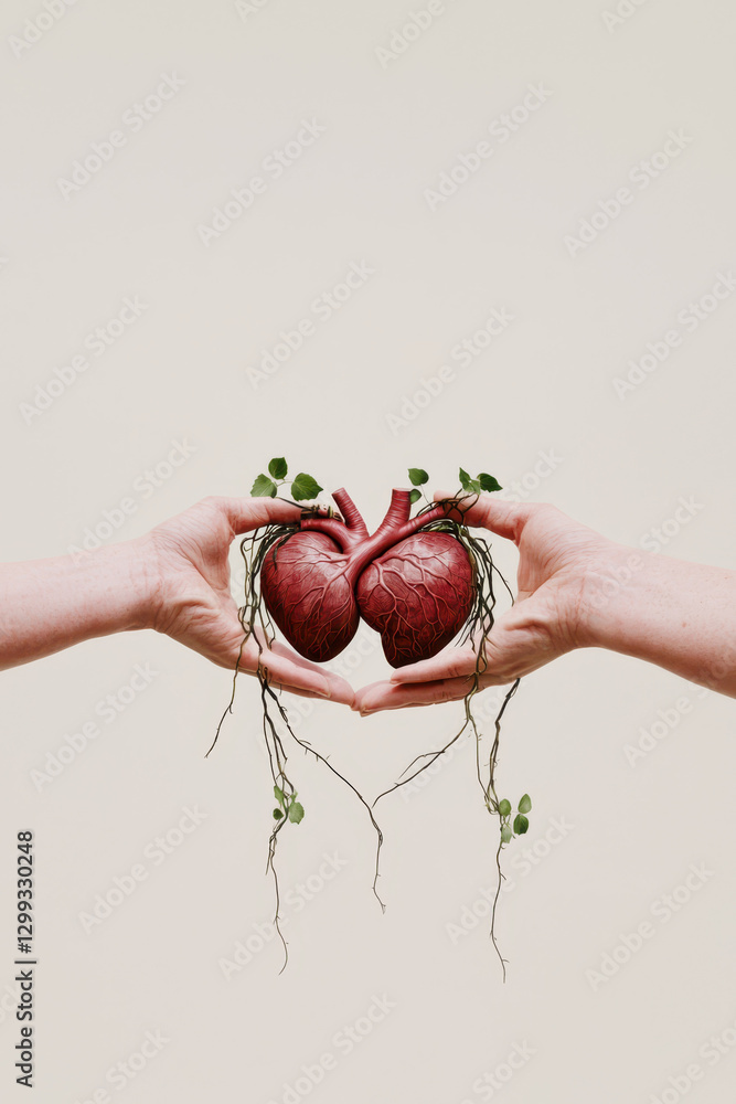 Poster exploring the connection between nature and emotion: a visual representation of hearts and roots sym