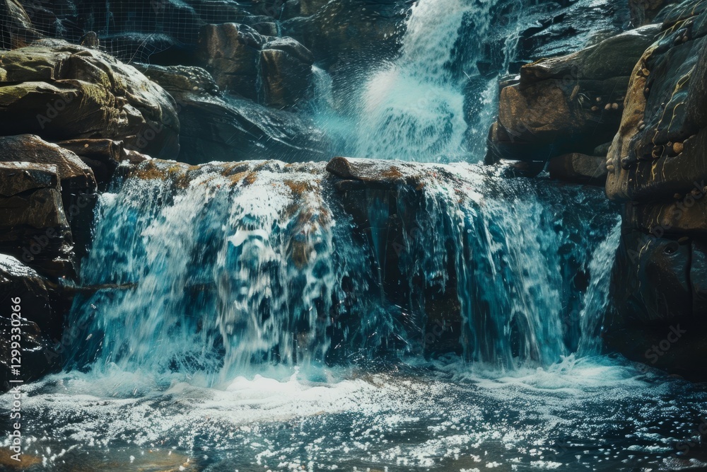 Poster a waterfall cascades over rocks in a lush forest, creating a symphony of sound, cascading water crea