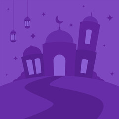 Purple monochrome mosque flat illustration with Islamic hanging lantern