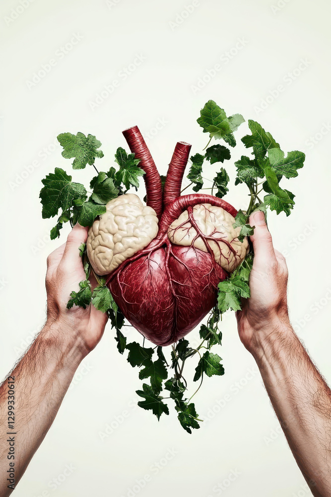Poster exploring the emotional connection between heart and brain through nature in a stunning conceptual a