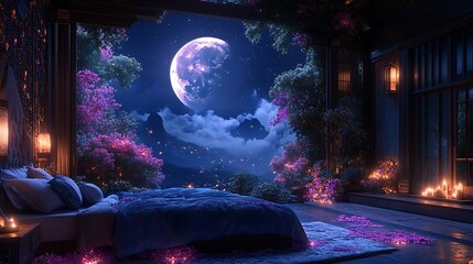 Obraz premium Bedroom design with moonlit ambiance high resolution hd image