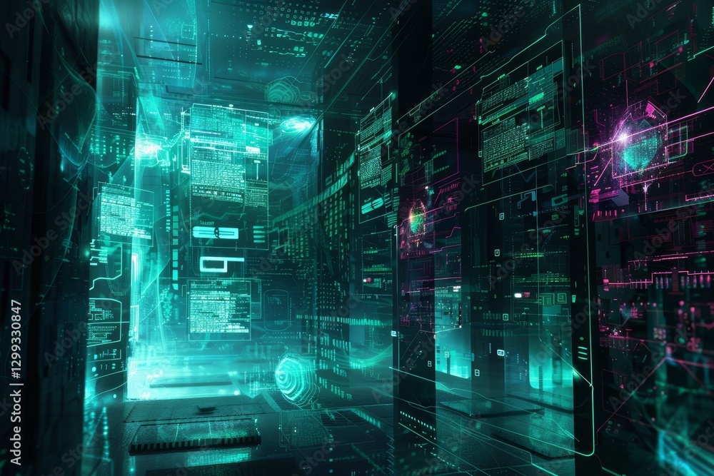 Poster futuristic server room with data visualization on glowing green walls, design a futuristic represent