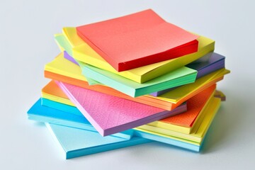 A stack of different colored sticky note pads in various sizes sits on a white surface, A pack of sticky notes in various sizes and colors