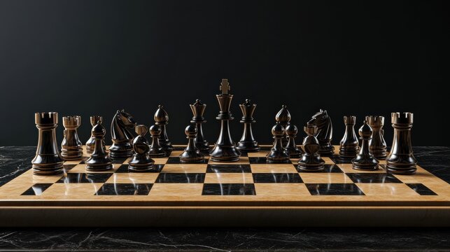 Elegant wooden chess set on marble board against dark background