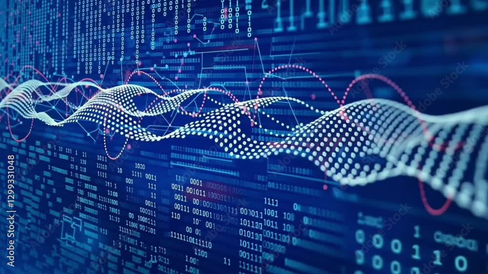 Poster blue digital data wave with futuristic analytics glowing lines and modern technology interface