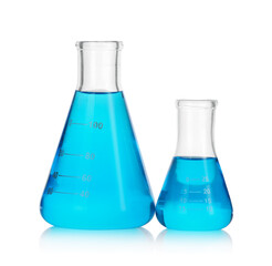 Flasks with blue liquid isolated on white