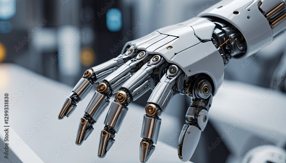 Poster a detailed robotic hand is displayed in a cutting-edge technology lab. the intricate mechanics highl