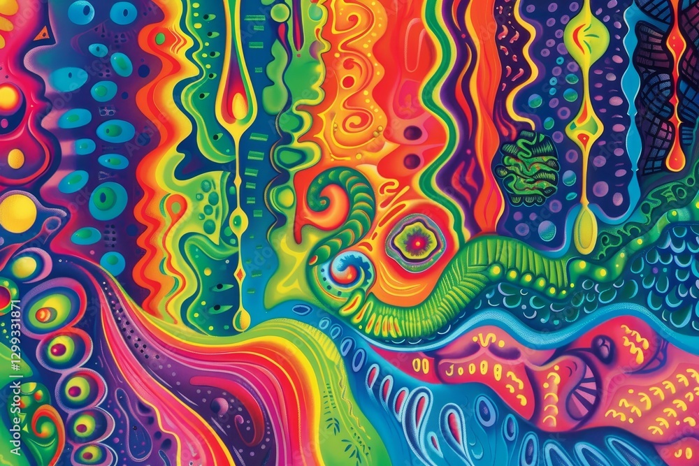 Poster abstract art with psychedelic patterns in a rainbow of hues, psychedelic patterns in a rainbow of hu