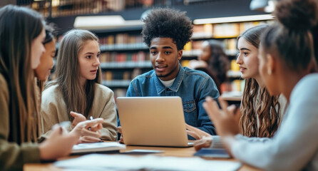 People, students and laptop in library for discussion, planning and working on research assignment. Study group, exam preparation or tech at university for education, collaboration or course feedback 