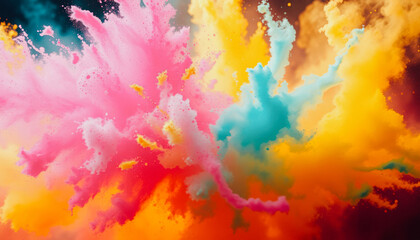 Obraz premium Dynamic burst of pink, yellow, and blue Holi powder in mid-air. Vibrant and energetic abstract background.