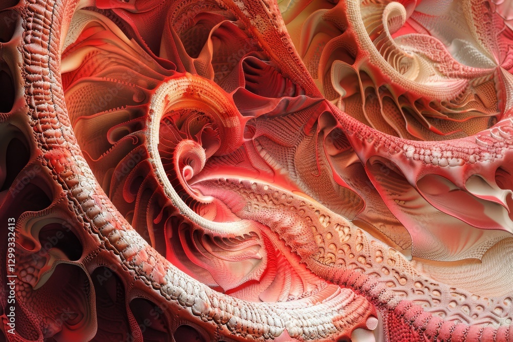 Aufkleber a close-up view of a digital fractal design featuring complex red and white patterns, intricate patt