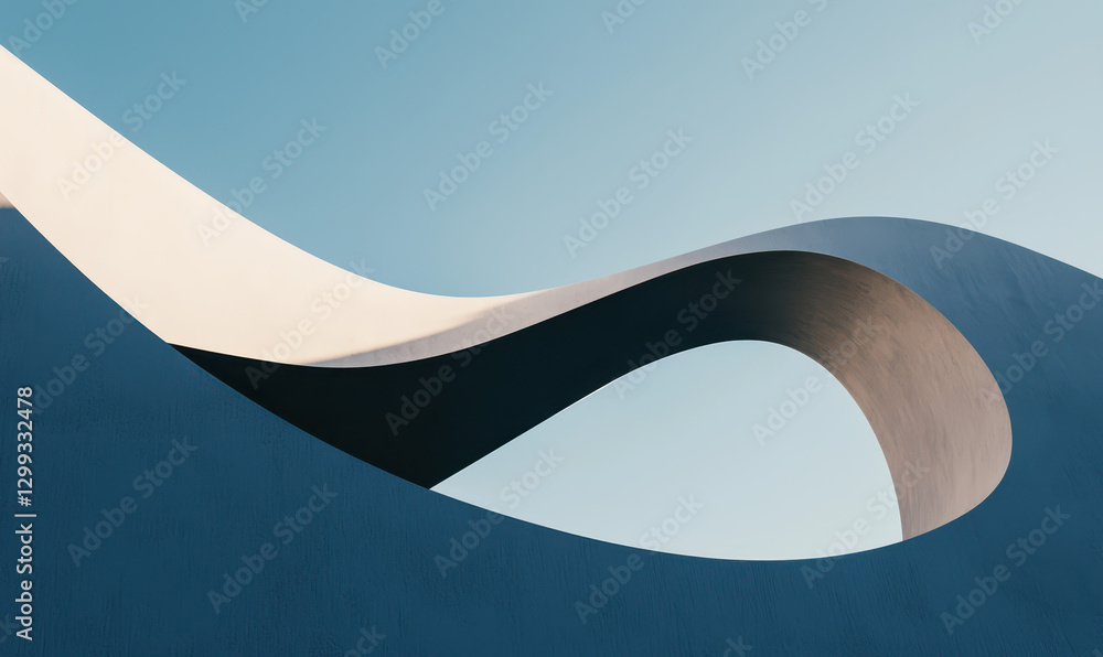 Poster exploring modern architecture: a minimalist curved structure against a clear sky