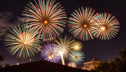 Fototapeta premium Vibrant fireworks bursting over city rooftops at night, celebration