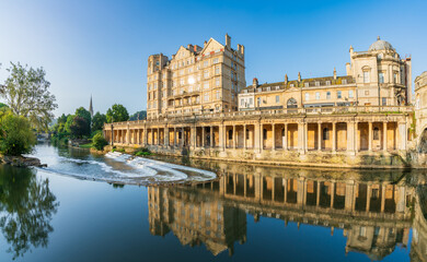 Morning scenery of Pulteney weir at River Avon in city of Bath, Somerset. England