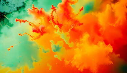 Fototapeta premium Artistic burst of bright green, orange, and red Holi powder, creating a colorful and energetic visual effect.