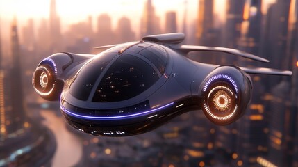 Futuristic sleek vehicle hovering above a glowing city with illuminated wheels and modern architecture. Generative AI