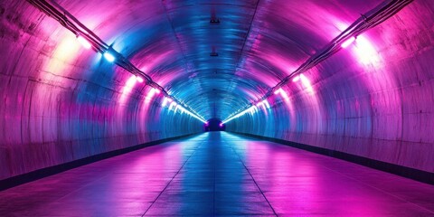 Tunnel illuminated with vibrant purple and blue lights creates a stunning visual effect in an urban setting