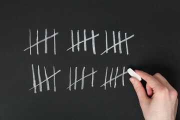 Woman counting days by drawing sticks with chalk on blackboard, closeup