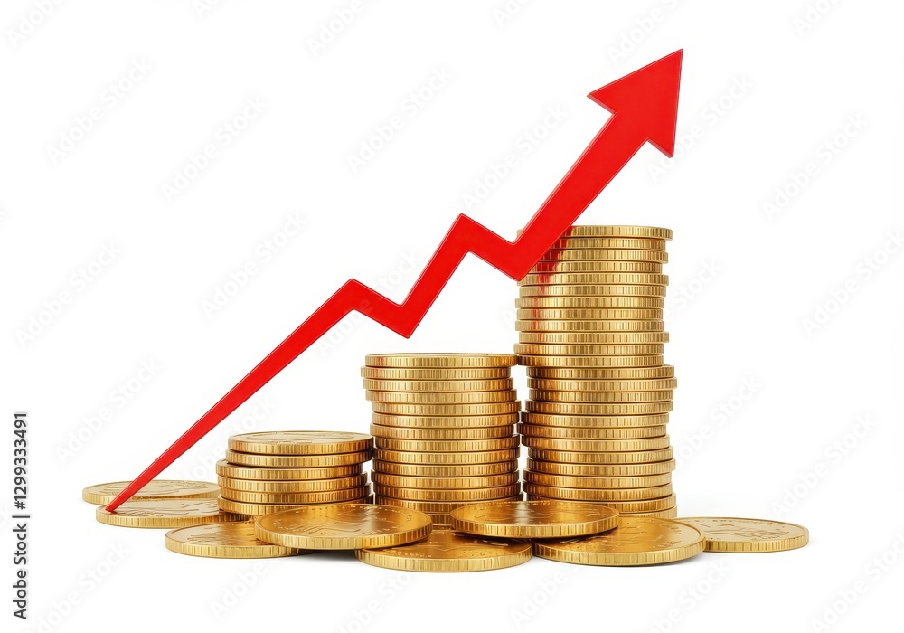 Poster stack of gold coins with a red upward arrow signifying growth isolated on white background