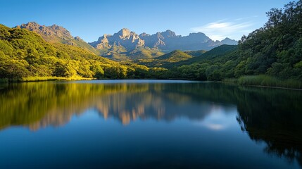Naklejka premium Serene lake reflection amidst majestic mountains nature landscape sunny day tranquil environment