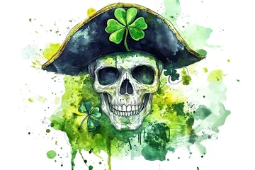 St Patrick's day skull head in pirate hat with clover leaves, watercolor Generative AI illustration