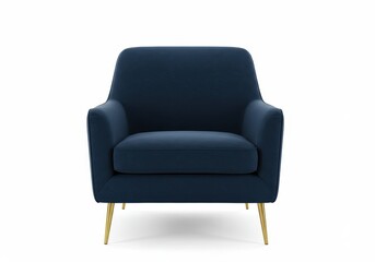 Fototapeta premium Modern navy blue armchair with golden legs isolated on white background