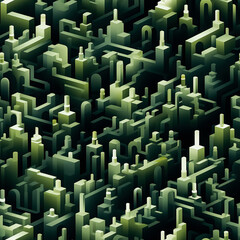 Fototapeta premium Seamless pattern with abstract isometric cityscape with glowing green buildings and geometric structures, creating a futuristic sci-fi metropolis