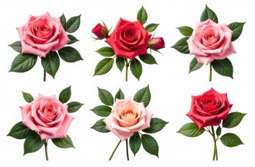 assortment of roses in pink and red hues arranged on white background. floral patterns and romantic theme. elements for greeting card, print design, wedding invitations.