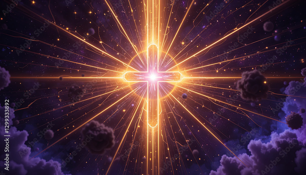 Poster a brilliant starburst radiates light through a deep cosmic backdrop filled with swirling dark clouds