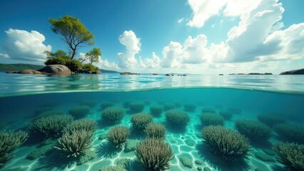 Fototapeta premium Sunlight shining on an underwater coral reef affected by bleaching and climate change 