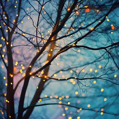 Magical Winter Tree Branches Twinkling Fairy Lights Festive Holiday Season Nighttime Photography Background Warm Cozy Atmosphere Tranquil Serene      