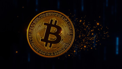 A glowing Bitcoin coin floating in a futuristic digital environment, symbolizing cryptocurrency, blockchain, and financial innovation.