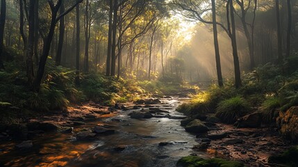 Fototapeta premium Tranquil stream flowing through lush forest nature photography serene environment golden hour light