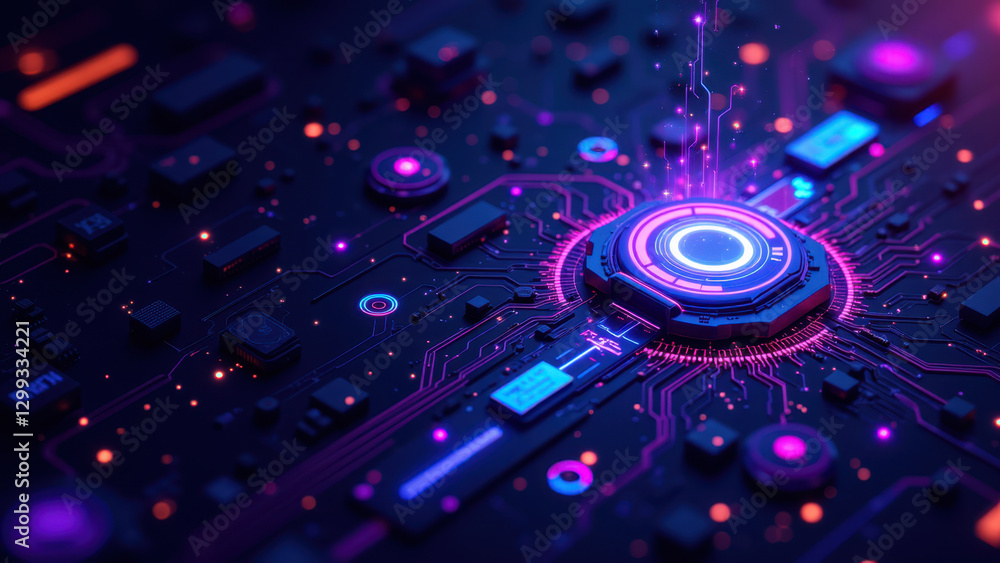 Poster a futuristic depiction of a server motherboard with glowing circuitry, representing modern cloud com