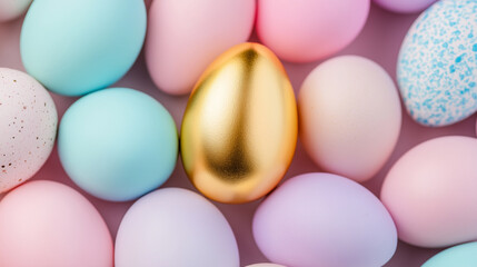 A collection of pastel-colored Easter eggs with one golden egg at the center, symbolizing uniqueness.