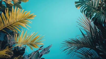 Tropical leaves frame turquoise background; summer vacation design