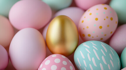 A collection of pastel-colored Easter eggs with one golden egg at the center, symbolizing uniqueness.