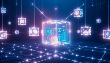 Floating data cubes with cryptocurrency symbols, representing blockchain technology, financial transactions, and decentralized economy.